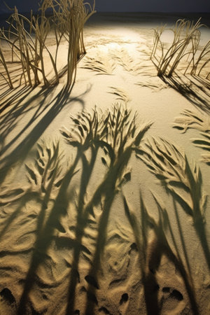 intricate grass shadows cast on a sandy surface, created with generative aiの素材