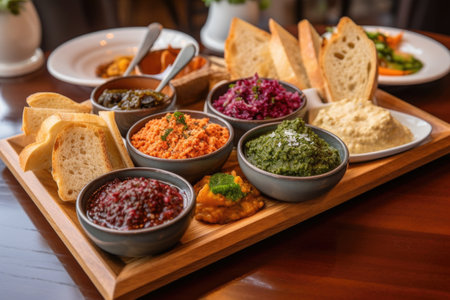 plate of freshly baked bread, paired with a variety of spreads and dips, created with generative aiの素材