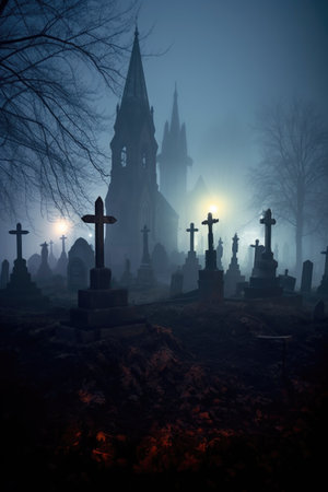 creepy graveyard with eerie fog at night, created with generative aiの素材