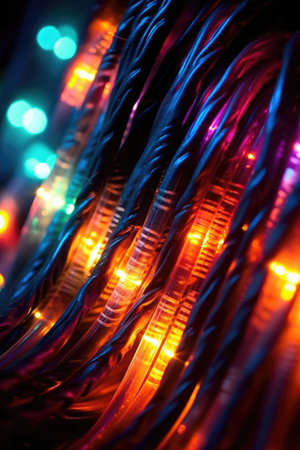 close-up of fiber optic cables glowing in the dark, created with generative aiの素材