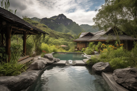 wellness retreat with hot spring pool, surrounded by greenery and mountains in the background, created with generative aiの素材