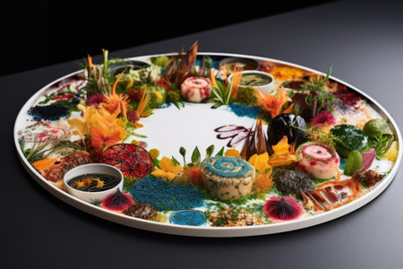 a culinary display of intricate and creative plate designs, showcasing unique flavors, created with generative aiの素材
