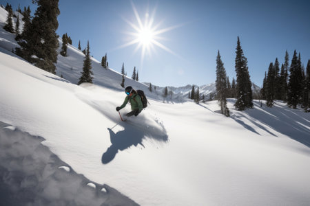 skier making a smooth turn on snow-covered trail, created with generative aiの素材