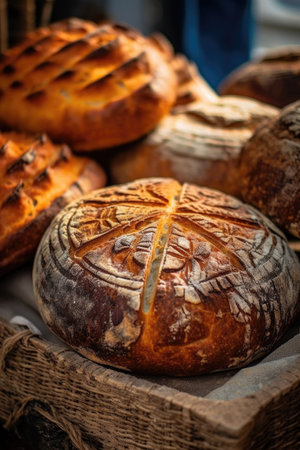 close-up of freshly baked artisan bread loaves, created with generative aiの素材