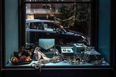 a window display of fashion accessories, including shoes, bags and jewelry, created with generative aiの素材