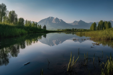 serene lake with reflection of majestic mountain range in the background, created with generative aiの素材