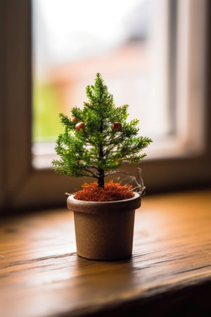 miniature christmas tree on a wooden table with a cozy background, created with generative aiの素材