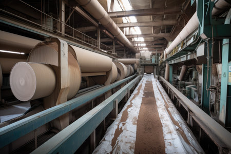 massive pulp and paper mill, with conveyor belts carrying massive rolls of recycled paper, created with generative aiの素材