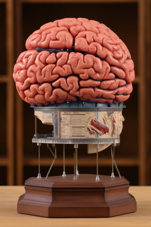 close-up of human brain model with labeled parts, created with generative aiの素材