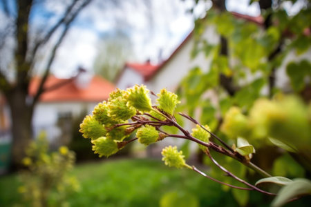 spring time, with sprouting tree leaves and blooming flowers in the background, created with generative aiの素材