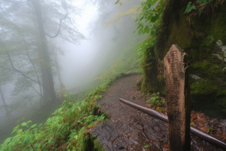 trail marker pointing in the direction of hidden waterfall, with mist visible, created with generative aiの素材