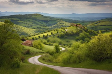 winding road with view of rolling hills, leading to a village in the distance, created with generative aiの素材