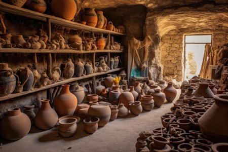 rustic ancient pottery in an archaeological setting, created with generative aiの素材