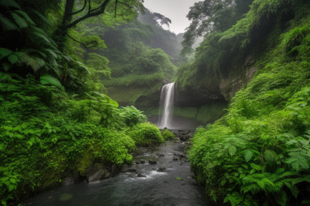 peaceful waterfall, surrounded by lush greenery and misty clouds, created with generative aiの素材