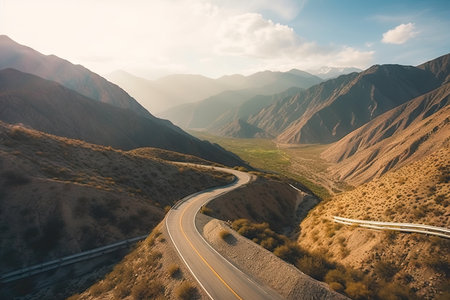majestic mountain range with winding road, showcasing the natural beauty of the landscape, created with generative aiの素材