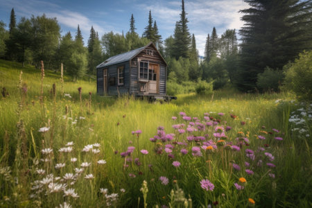 a tiny home in a meadow surrounded by wildflowers, created with generative aiの素材