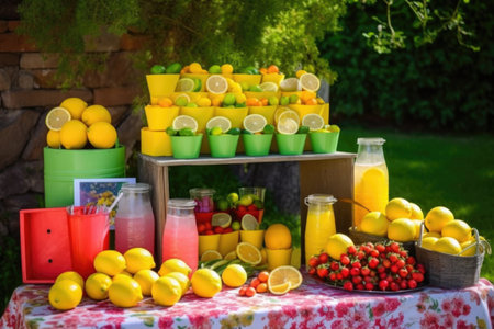 summer lemonade stand, with ripe lemons and sugarcups on display, created with generative aiの素材