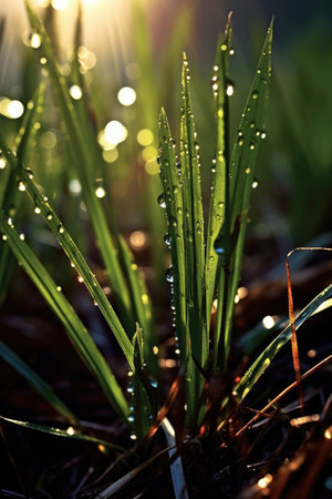 grass blades with water droplets, backlit, created with generative aiの素材