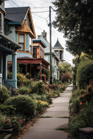 neighborhood street with diverse architecture, created with generative aiの素材