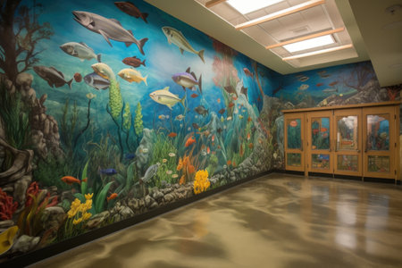 colorful mural of school of fish swimming in underwater scene, created with generative aiの素材
