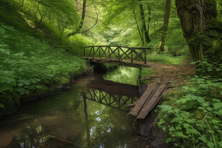 peaceful forest with crystal-clear stream and wooden footbridge, created with generative aiの素材