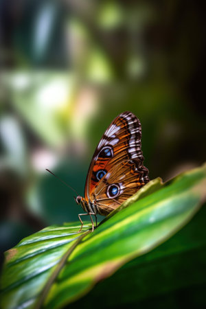 butterfly resting on a leaf with blurred background, created with generative aiの素材