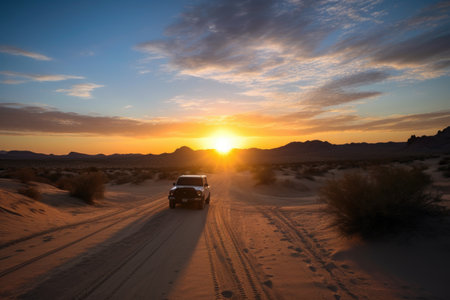 scenic road trip through the desert, with towering sand dunes and dramatic sunsets, created with generative aiの素材