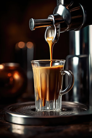 espresso pouring from a machine into a cup, created with generative aiの素材