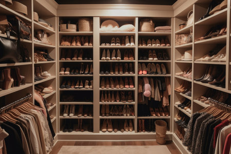 walk-in closet filled with different styles of shoes, including heels, flats, and boots, created with generative aiの素材
