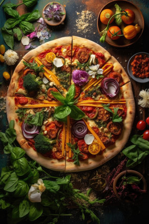 homemade pizza with various toppings and basil, created with generative aiの素材