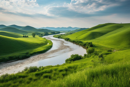 serene landscape of rolling green hills with a river in the background, created with generative aiの素材