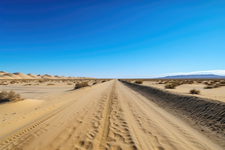 scenic road trip through the desert, with endless sand dunes and clear blue skies, created with generative aiの素材
