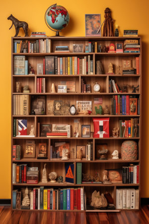 a library shelf with books in multiple languages, created with generative aiの素材