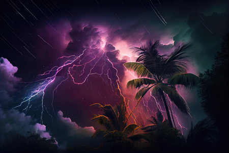 tropical cyclone with torrential rain and thunderstorms in the night sky, created with generative aiの素材