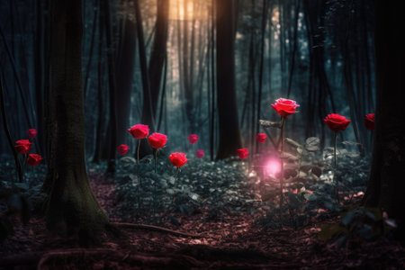 magical forest with red roses and magic wand, created with generative aiの素材