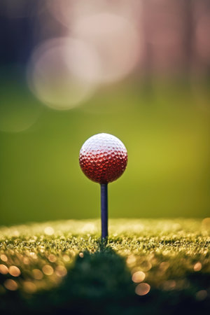 close-up of a golf ball on a tee with blurred background, created with generative aiの素材