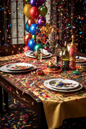 colorful confetti raining down on a festive table setting, created with generative aiの素材