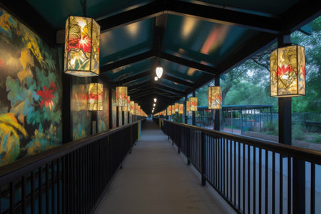 suspended walkway, with murals and lighted lanterns, created with generative aiの素材