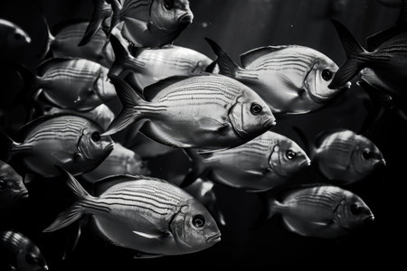 black and white photograph of school of tropical fish swimming in harmony, created with generative aiの素材