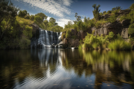 waterfall cascading into a serene lake with reflections of the sky, created with generative aiの素材