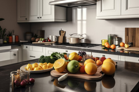 a kitchen, with a countertop filled with fresh fruits and vegetables, ready for cooking, created with generative aiの素材