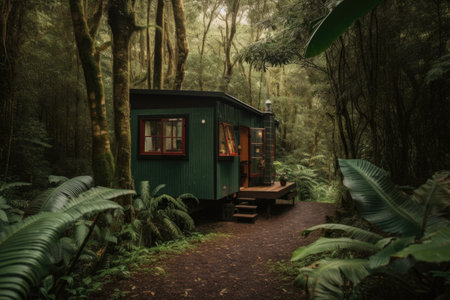 tiny home in the middle of a lush forest, surrounded by nature, created with generative aiの素材