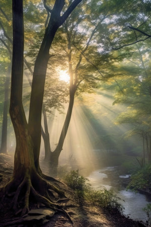 sunrays piercing through dense trees in morning fog, created with generative aiの素材