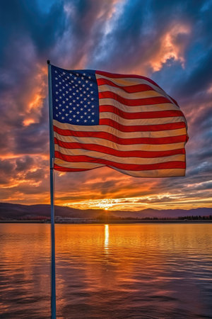 american flag waving against a beautiful sunset backdrop, created with generative aiの素材