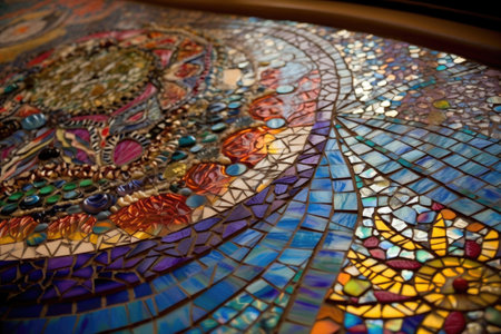 close-up of mosaic and stained glass artwork, with intricate patterns and vibrant colors, created with generative aiの素材