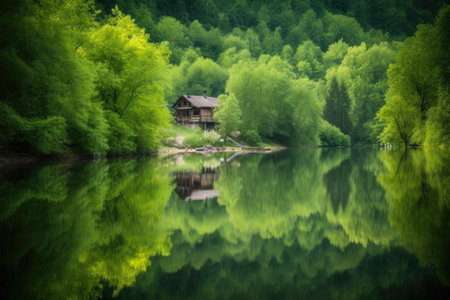 reflection of peaceful lake surrounded by lush green forest, perfect escape, created with generative aiの素材
