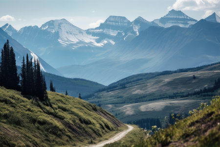 majestic mountain range, viewed from winding road with peaks and valleys visible, created with generative aiの素材