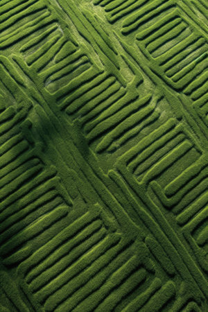 aerial view of a lush grass field patterned with mowed lines, created with generative aiの素材