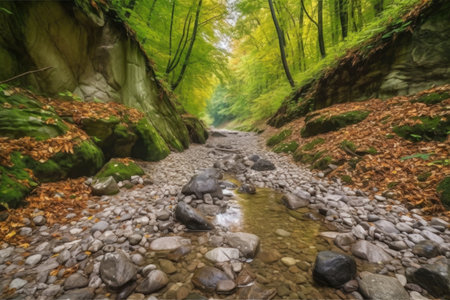 forest trail with stream flowing over smooth stones and pebbles, created with generative aiの素材
