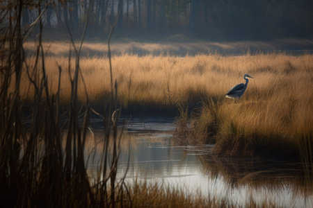 marsh with heron stalking the waters for prey, created with generative aiの素材